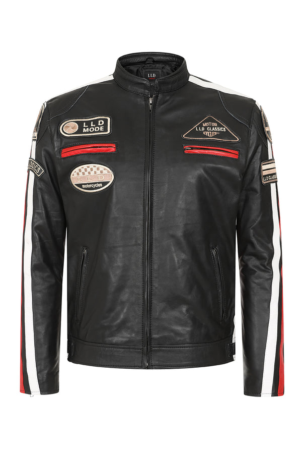 LLD Original black genuine leather racing jacket with red and white stripes for women, available in sizes 8-12.